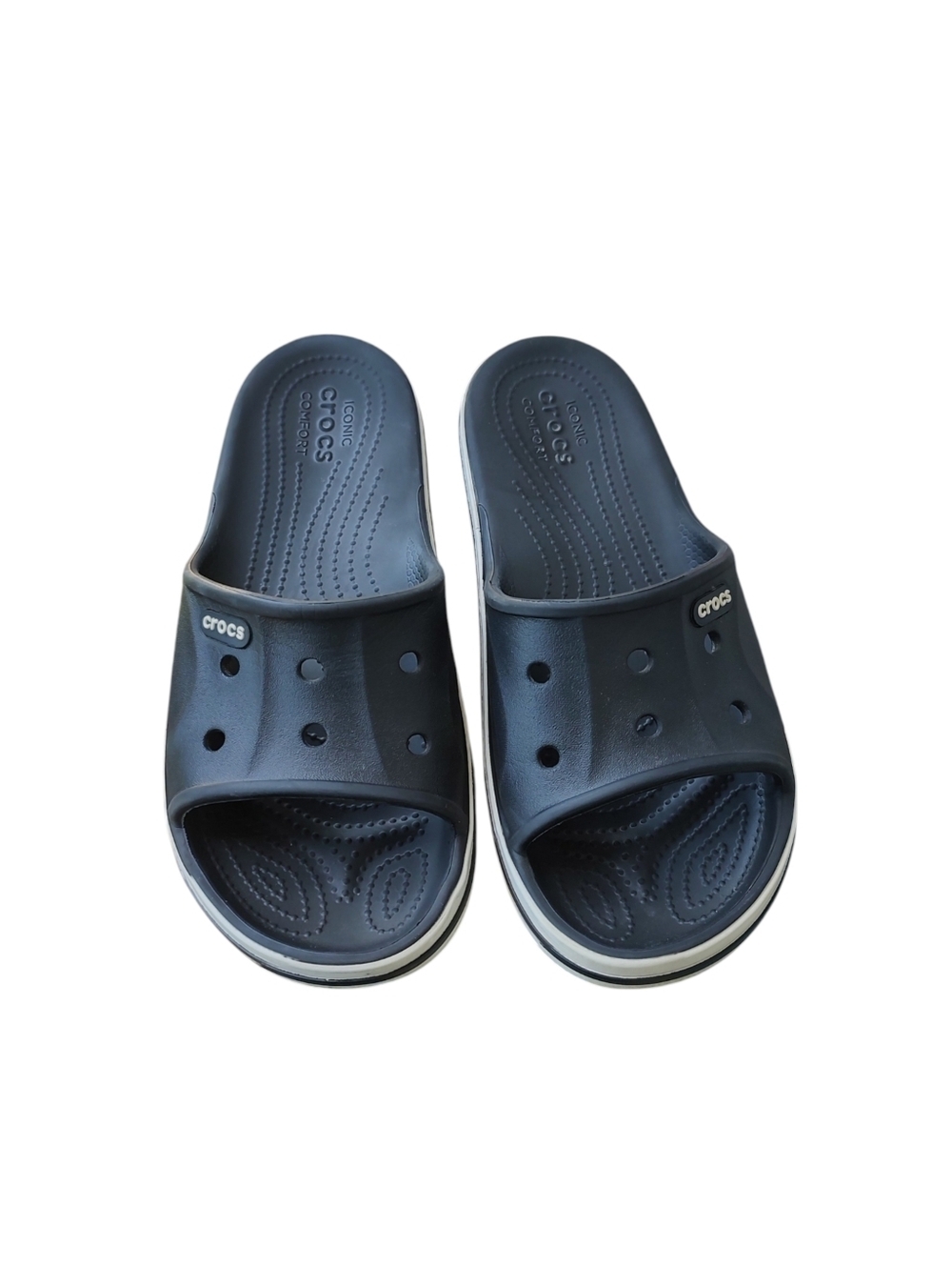 CROCS Black Slide Sandals with White Trim - Picture 3 of 5